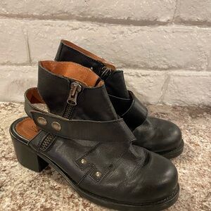 SixtySeven “Daisy Floater” Black Leather Open Back Ankle Boots